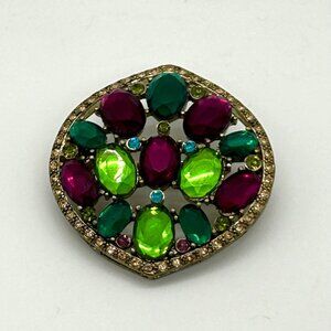 Vintage Monet  Brooch Pin Acrylic Oval Shape Gold-Tone Backing Pink Green Teal